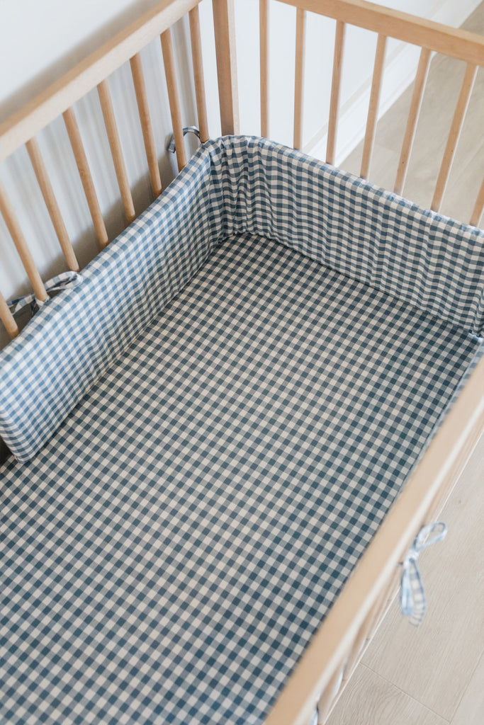 Blue Check Washed Cotton Cot Bumper Cover