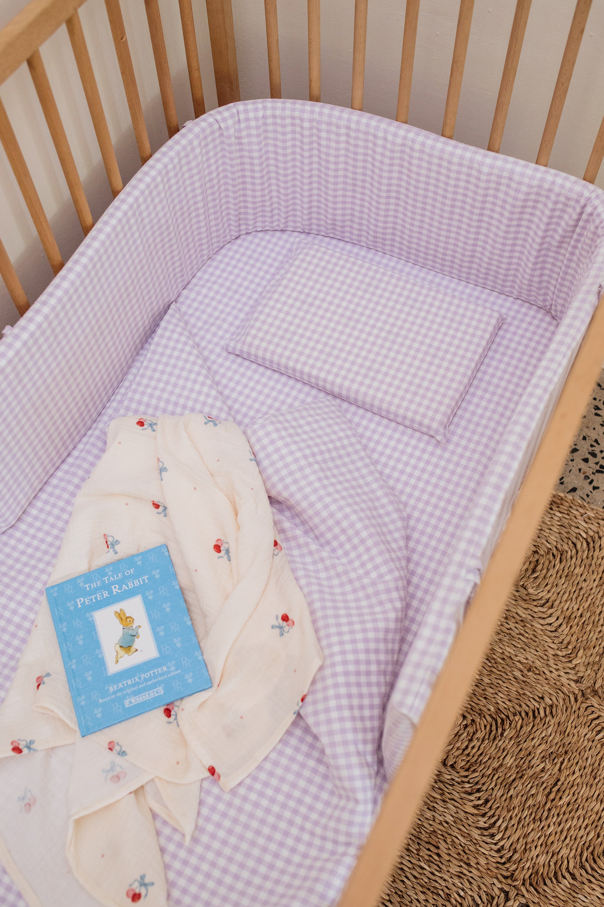 Lilac Gingham Washed Cotton Cot Bumper Cover