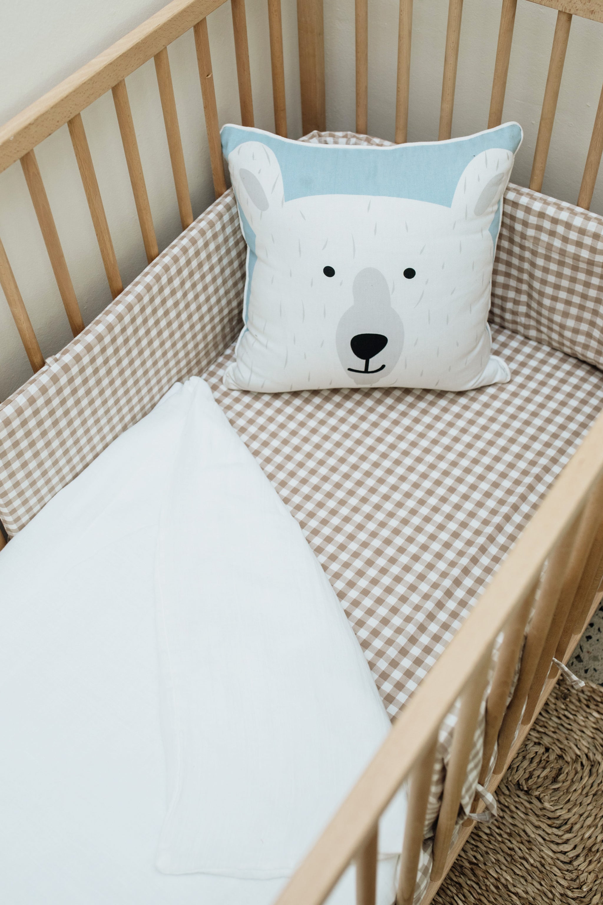 Natural Gingham Washed Cotton Cot Fitted Sheet
