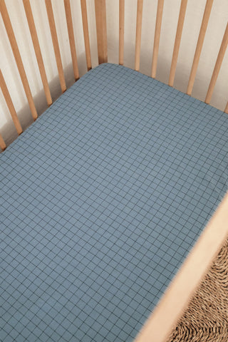 Ocean Grid Washed Cotton Cot Fitted Sheet