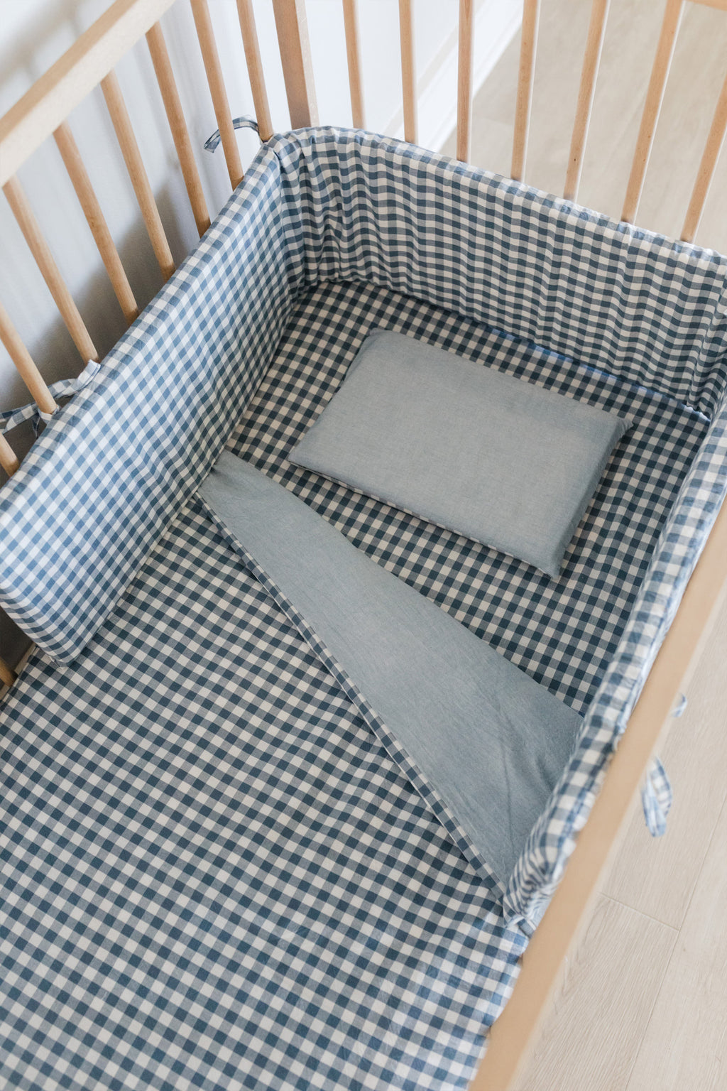 Blue Check Washed Cotton Cot Bumper Cover