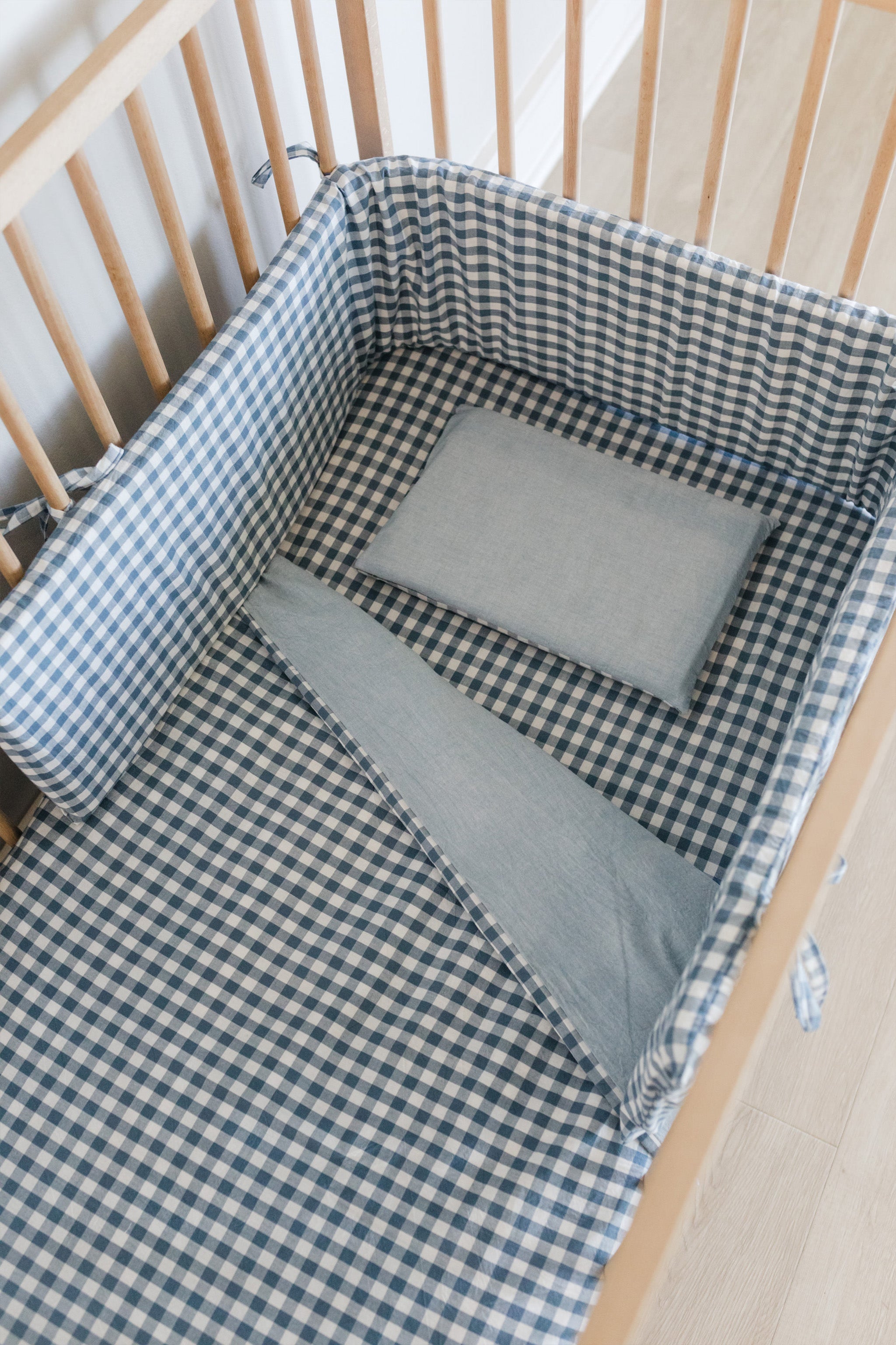 Blue Check Washed Cotton Cot Bumper Cover