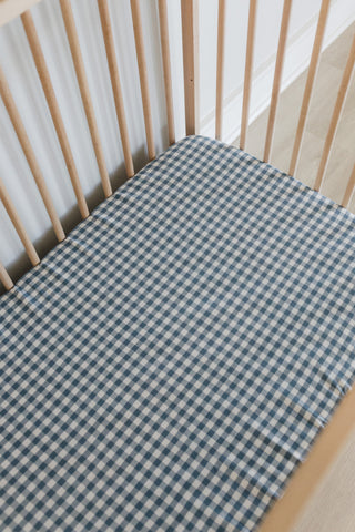 Blue Check Washed Cotton Cot Fitted Sheet