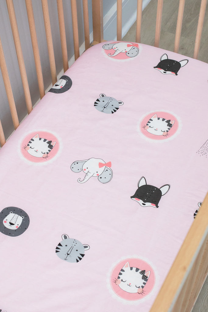 Pink Animals Cot Fitted Sheet